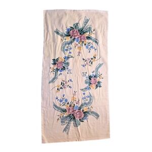 Vtg Floral Ribbon Bath Towel Cream Pink Blue Roses Cottagecore 25x50
